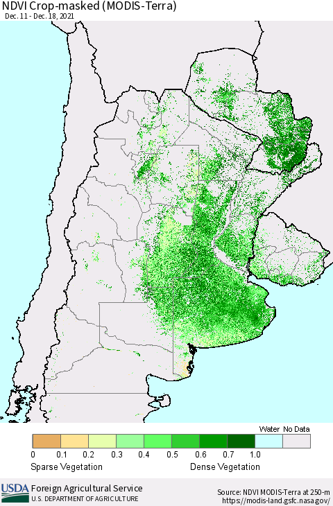Southern South America Cropland NDVI (Terra-MODIS) Thematic Map For 12/11/2021 - 12/20/2021