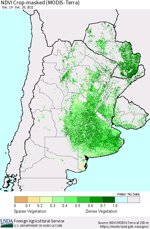 Southern South America Cropland NDVI (Terra-MODIS) Thematic Map For 12/21/2021 - 12/31/2021