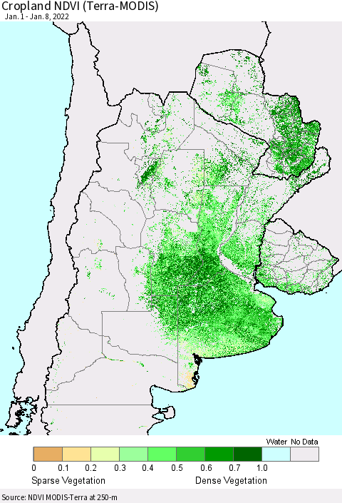 Southern South America Cropland NDVI (Terra-MODIS) Thematic Map For 1/1/2022 - 1/8/2022