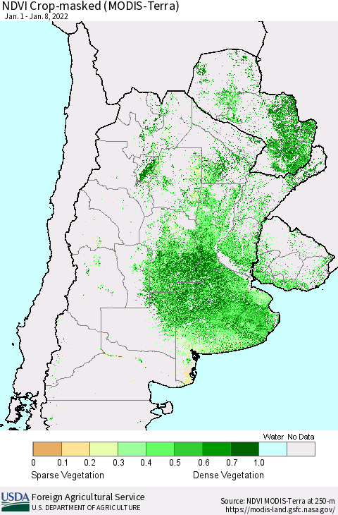Southern South America Cropland NDVI (Terra-MODIS) Thematic Map For 1/1/2022 - 1/10/2022