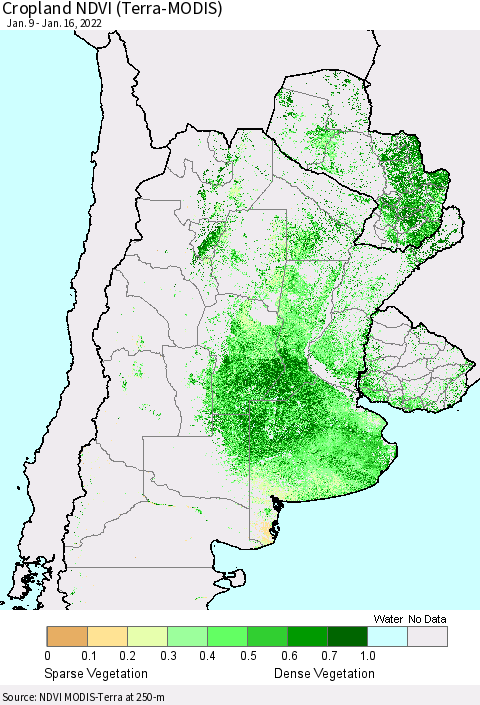 Southern South America Cropland NDVI (Terra-MODIS) Thematic Map For 1/9/2022 - 1/16/2022