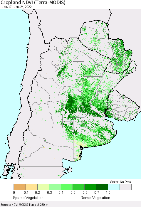 Southern South America Cropland NDVI (Terra-MODIS) Thematic Map For 1/17/2022 - 1/24/2022