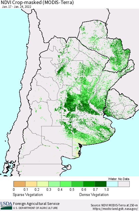Southern South America Cropland NDVI (Terra-MODIS) Thematic Map For 1/21/2022 - 1/31/2022