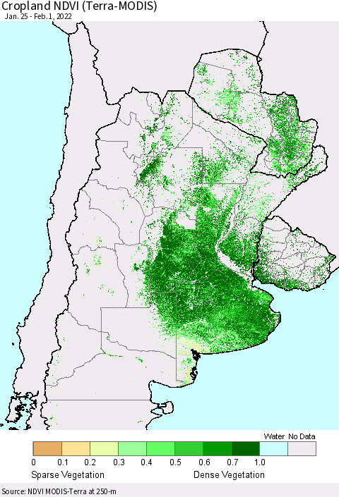 Southern South America Cropland NDVI (Terra-MODIS) Thematic Map For 1/25/2022 - 2/1/2022