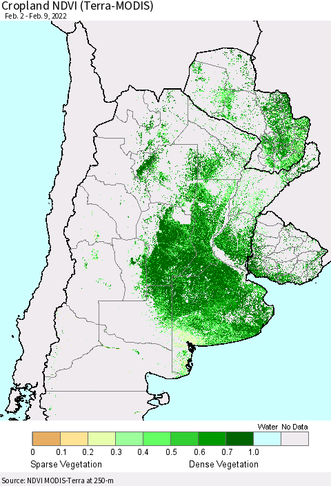 Southern South America Cropland NDVI (Terra-MODIS) Thematic Map For 2/2/2022 - 2/9/2022