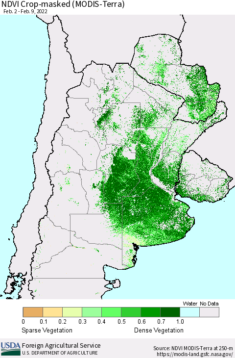 Southern South America Cropland NDVI (Terra-MODIS) Thematic Map For 2/1/2022 - 2/10/2022