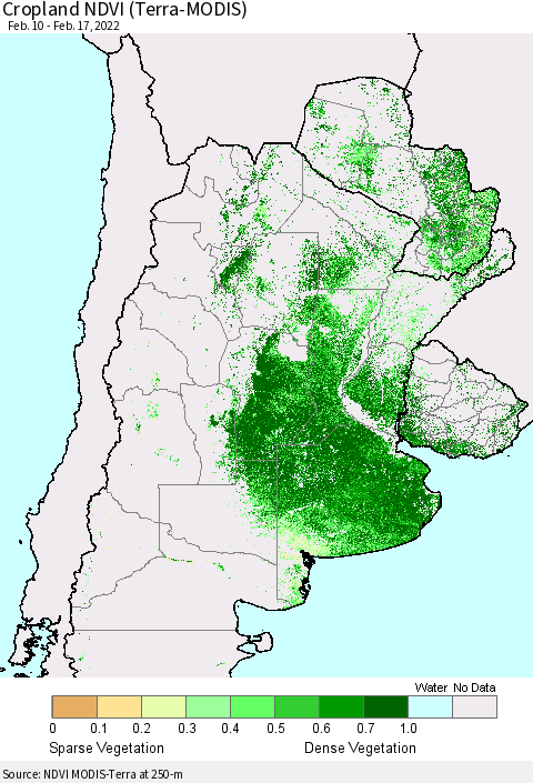 Southern South America Cropland NDVI (Terra-MODIS) Thematic Map For 2/10/2022 - 2/17/2022