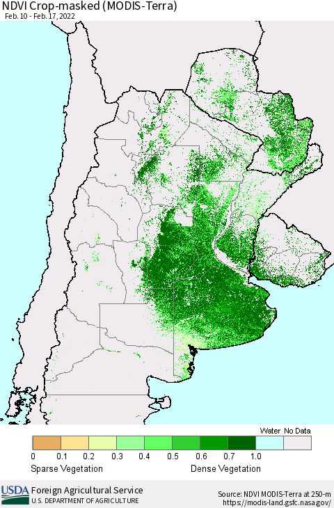 Southern South America Cropland NDVI (Terra-MODIS) Thematic Map For 2/11/2022 - 2/20/2022