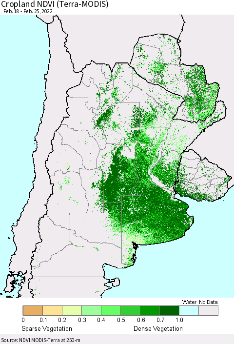 Southern South America Cropland NDVI (Terra-MODIS) Thematic Map For 2/18/2022 - 2/25/2022