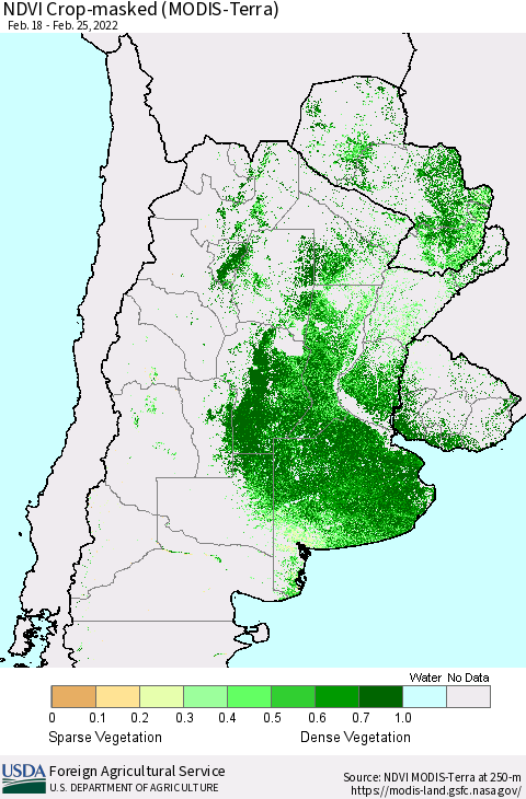 Southern South America Cropland NDVI (Terra-MODIS) Thematic Map For 2/21/2022 - 2/28/2022