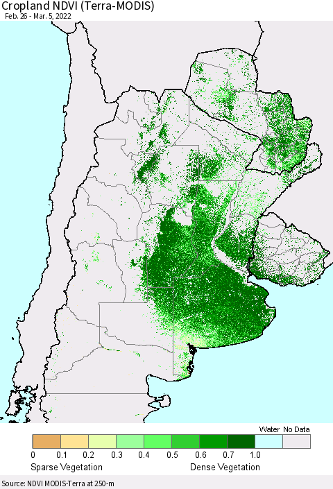 Southern South America Cropland NDVI (Terra-MODIS) Thematic Map For 2/26/2022 - 3/5/2022