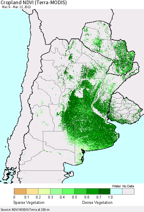 Southern South America Cropland NDVI (Terra-MODIS) Thematic Map For 3/6/2022 - 3/13/2022