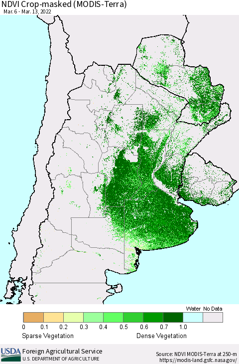 Southern South America Cropland NDVI (Terra-MODIS) Thematic Map For 3/11/2022 - 3/20/2022