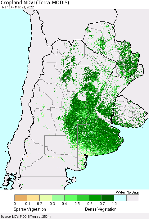 Southern South America Cropland NDVI (Terra-MODIS) Thematic Map For 3/14/2022 - 3/21/2022