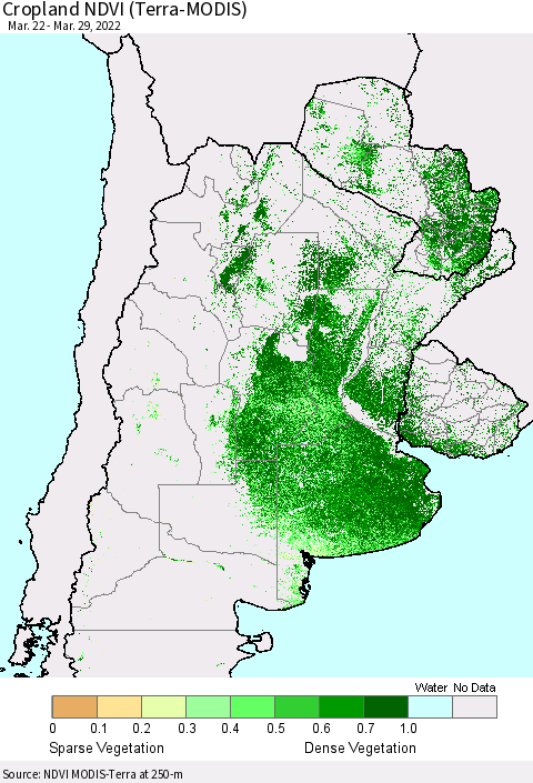 Southern South America Cropland NDVI (Terra-MODIS) Thematic Map For 3/22/2022 - 3/29/2022