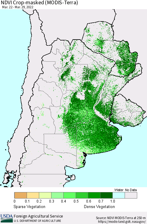 Southern South America Cropland NDVI (Terra-MODIS) Thematic Map For 3/21/2022 - 3/31/2022