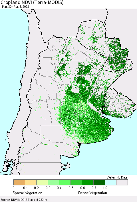 Southern South America Cropland NDVI (Terra-MODIS) Thematic Map For 3/30/2022 - 4/6/2022