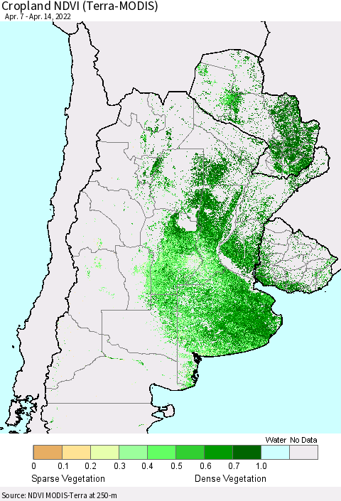 Southern South America Cropland NDVI (Terra-MODIS) Thematic Map For 4/7/2022 - 4/14/2022