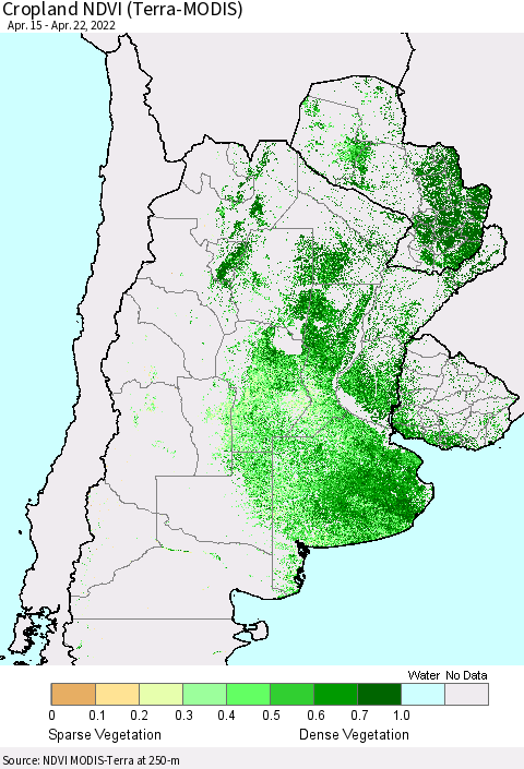 Southern South America Cropland NDVI (Terra-MODIS) Thematic Map For 4/15/2022 - 4/22/2022
