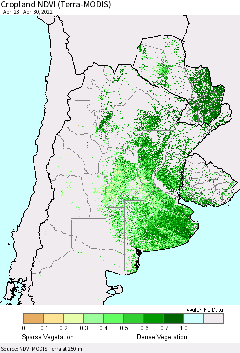 Southern South America Cropland NDVI (Terra-MODIS) Thematic Map For 4/23/2022 - 4/30/2022
