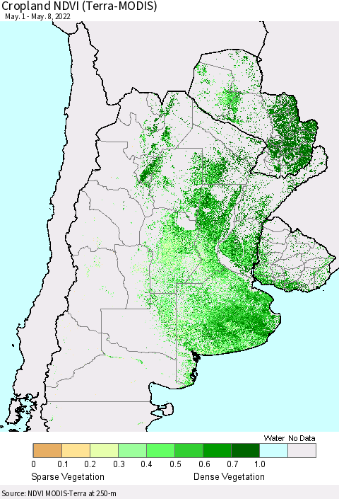 Southern South America Cropland NDVI (Terra-MODIS) Thematic Map For 5/1/2022 - 5/8/2022