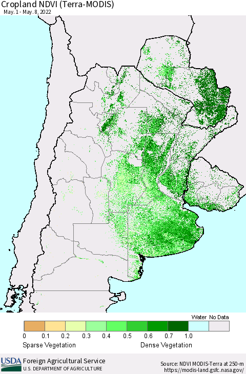 Southern South America Cropland NDVI (Terra-MODIS) Thematic Map For 5/1/2022 - 5/10/2022