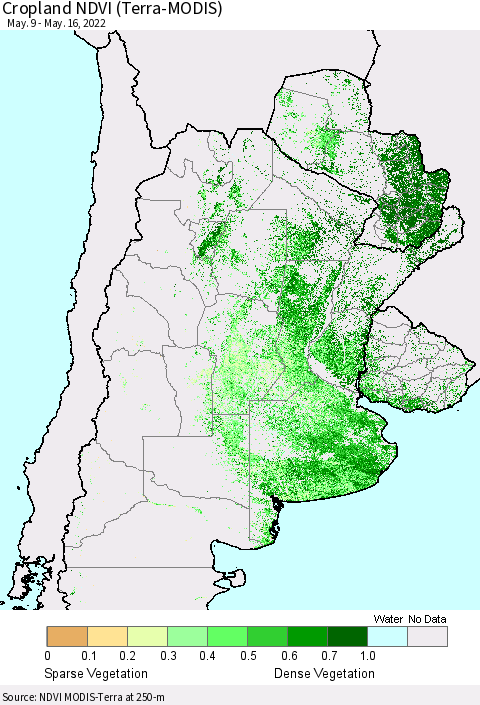 Southern South America Cropland NDVI (Terra-MODIS) Thematic Map For 5/9/2022 - 5/16/2022