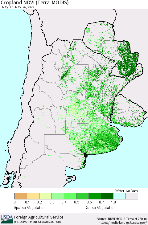 Southern South America Cropland NDVI (Terra-MODIS) Thematic Map For 5/21/2022 - 5/31/2022