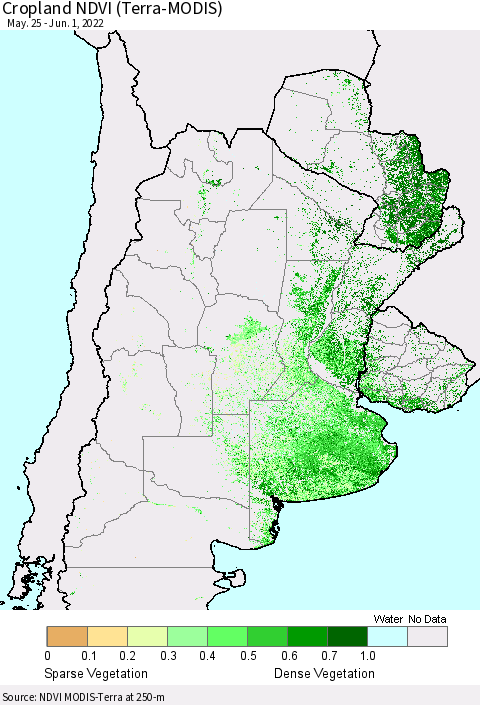 Southern South America Cropland NDVI (Terra-MODIS) Thematic Map For 5/25/2022 - 6/1/2022