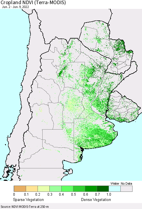 Southern South America Cropland NDVI (Terra-MODIS) Thematic Map For 6/2/2022 - 6/9/2022