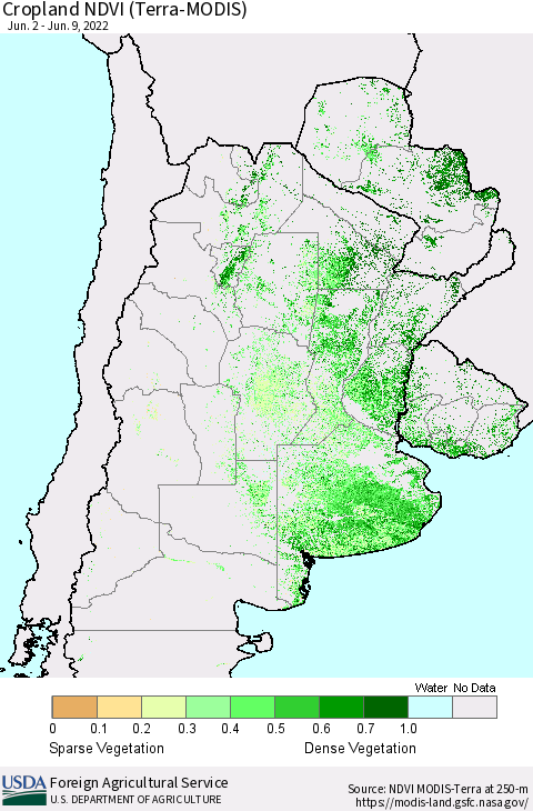 Southern South America Cropland NDVI (Terra-MODIS) Thematic Map For 6/1/2022 - 6/10/2022