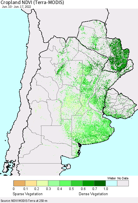 Southern South America Cropland NDVI (Terra-MODIS) Thematic Map For 6/10/2022 - 6/17/2022