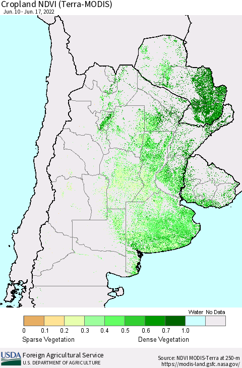 Southern South America Cropland NDVI (Terra-MODIS) Thematic Map For 6/11/2022 - 6/20/2022