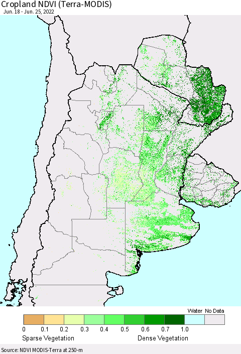 Southern South America Cropland NDVI (Terra-MODIS) Thematic Map For 6/18/2022 - 6/25/2022