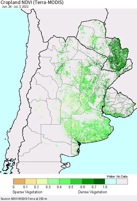 Southern South America Cropland NDVI (Terra-MODIS) Thematic Map For 6/26/2022 - 7/3/2022