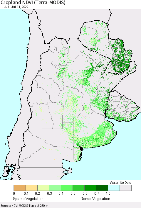 Southern South America Cropland NDVI (Terra-MODIS) Thematic Map For 7/4/2022 - 7/11/2022