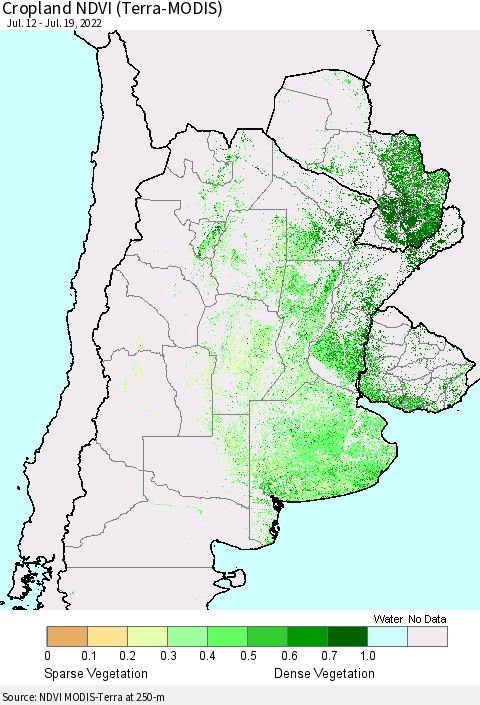 Southern South America Cropland NDVI (Terra-MODIS) Thematic Map For 7/12/2022 - 7/19/2022
