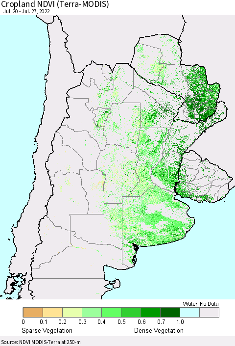 Southern South America Cropland NDVI (Terra-MODIS) Thematic Map For 7/20/2022 - 7/27/2022