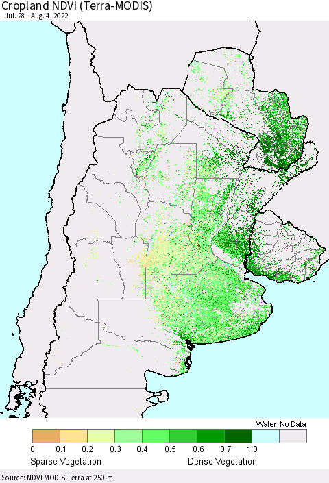 Southern South America Cropland NDVI (Terra-MODIS) Thematic Map For 7/28/2022 - 8/4/2022