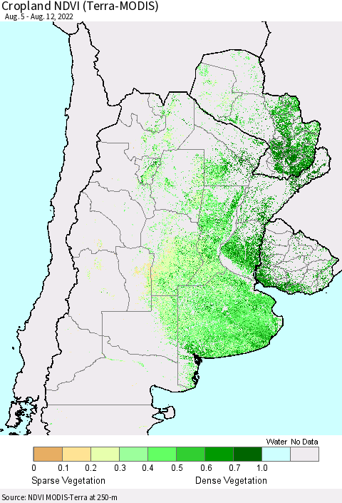 Southern South America Cropland NDVI (Terra-MODIS) Thematic Map For 8/5/2022 - 8/12/2022