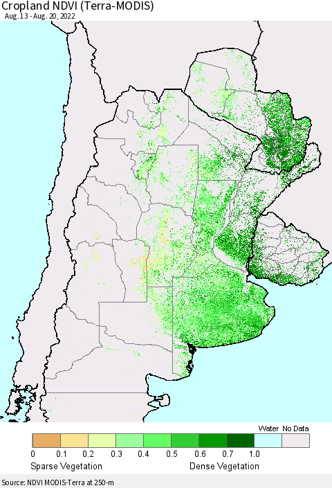Southern South America Cropland NDVI (Terra-MODIS) Thematic Map For 8/13/2022 - 8/20/2022