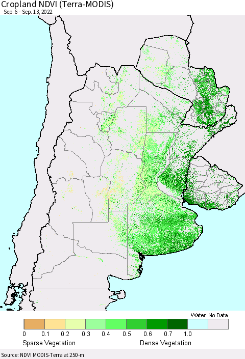 Southern South America Cropland NDVI (Terra-MODIS) Thematic Map For 9/6/2022 - 9/13/2022