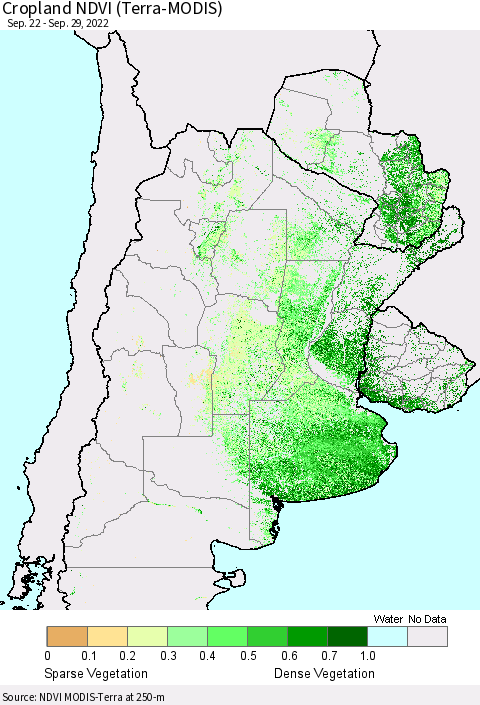 Southern South America Cropland NDVI (Terra-MODIS) Thematic Map For 9/22/2022 - 9/29/2022