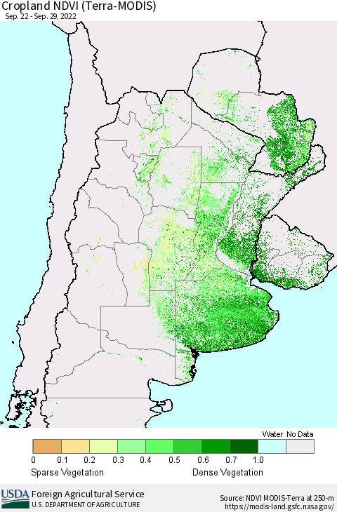Southern South America Cropland NDVI (Terra-MODIS) Thematic Map For 9/21/2022 - 9/30/2022