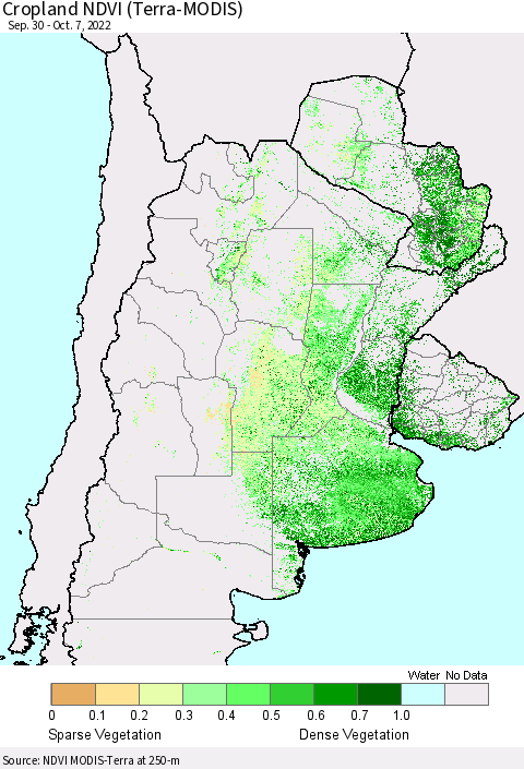 Southern South America Cropland NDVI (Terra-MODIS) Thematic Map For 9/30/2022 - 10/7/2022
