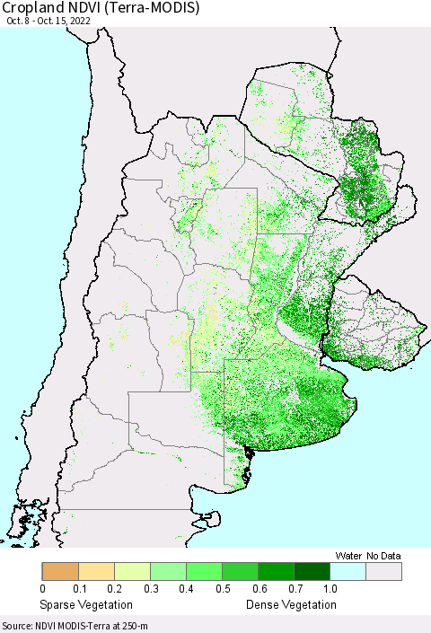 Southern South America Cropland NDVI (Terra-MODIS) Thematic Map For 10/8/2022 - 10/15/2022