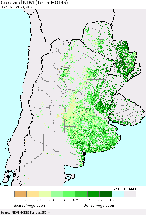 Southern South America Cropland NDVI (Terra-MODIS) Thematic Map For 10/16/2022 - 10/23/2022