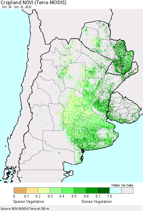 Southern South America Cropland NDVI (Terra-MODIS) Thematic Map For 10/21/2022 - 10/31/2022