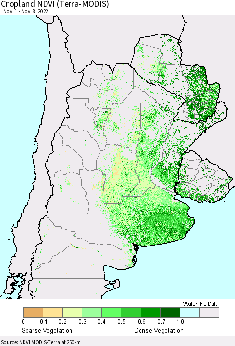 Southern South America Cropland NDVI (Terra-MODIS) Thematic Map For 11/1/2022 - 11/8/2022