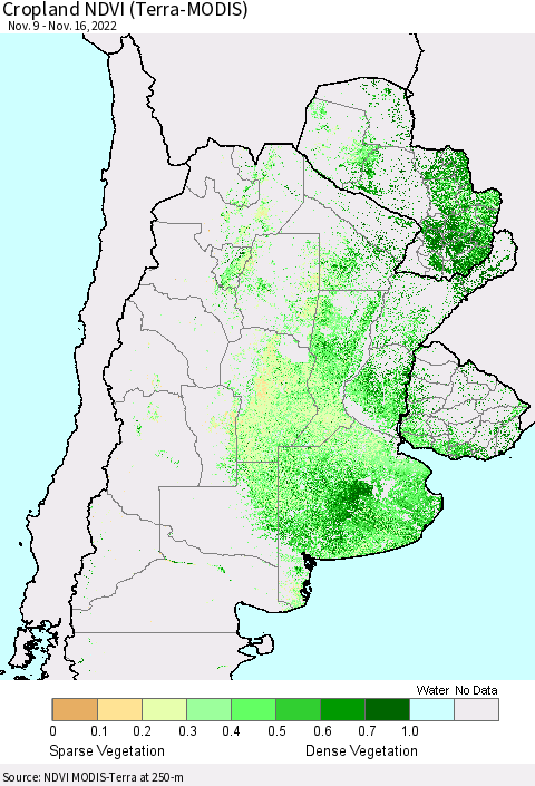 Southern South America Cropland NDVI (Terra-MODIS) Thematic Map For 11/9/2022 - 11/16/2022